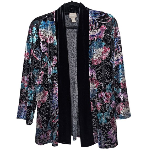 Chicos 2 L Black Velvet Burnout Cardigan Kimono Colorful Floral Office Mature - Picture 1 of 5